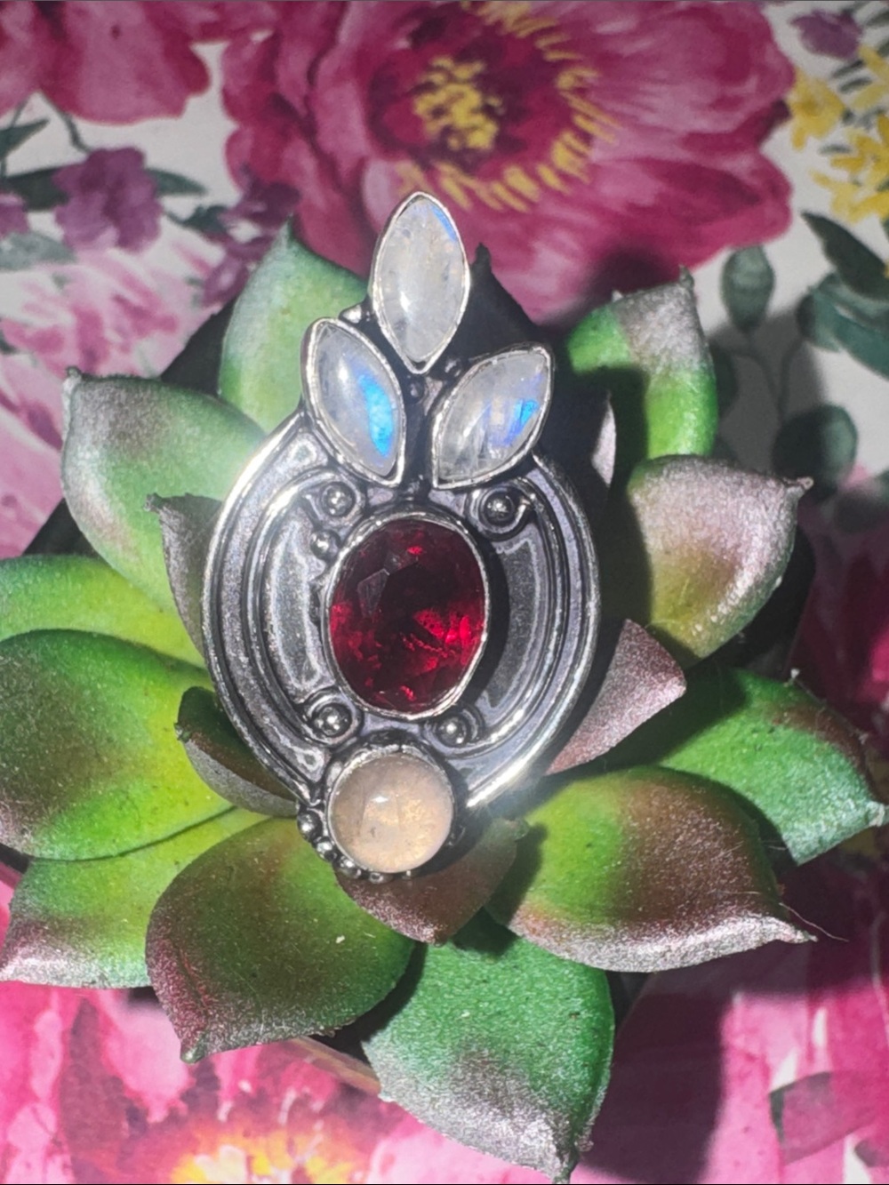 Silver Moonstone & Garnet Ring